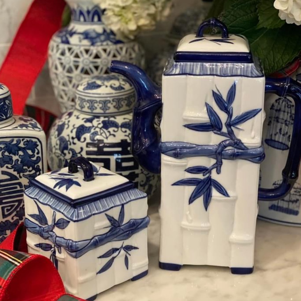 Decorative Bamboo Tea Set Tea Pot and Tea Caddy in Blue & White Asian Design